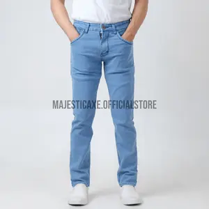 MAJESTIC AXE - Celana Jeans Pria Panjang Slim Fit Biru Muda Bio Blits Benang Hitam Stretch Denim Cowok Tebal Melar