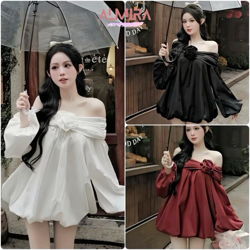   Kèm Quần Trong  Váy Trễ Vai Hoa Hồng Dáng Bí Tay Phồng 2 Lớp Chất Gió Nhăn Nhiều Màu 