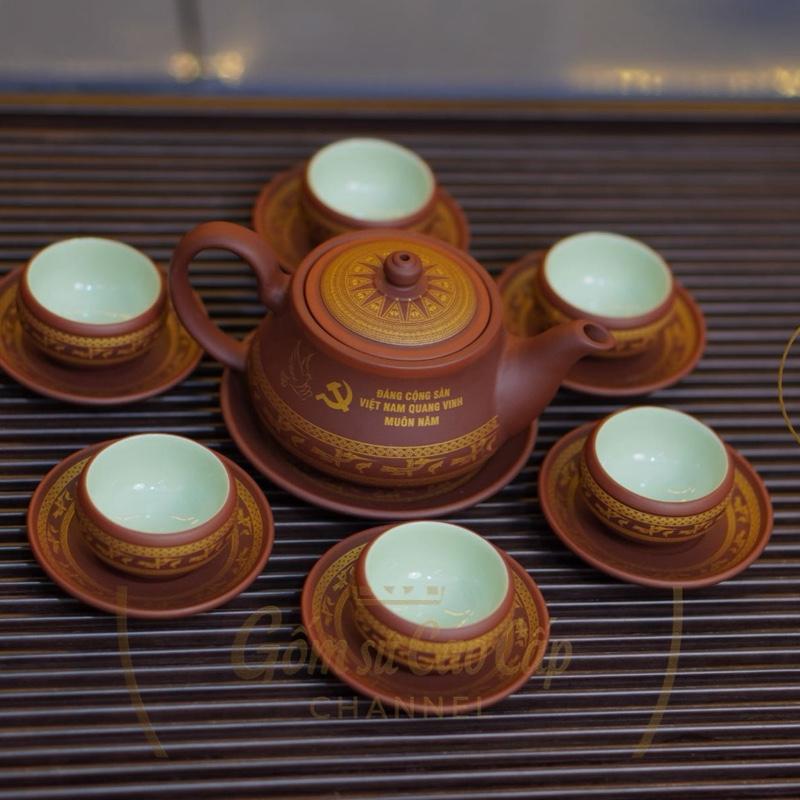Thiên Nga Bộ ấm chén cao cấp tử sa Trống Đồng 1 ấm 6 chén 7 đĩa dung tích 300ml nghệ nhân Vương Mạnh Tuấn Bát Tràng giữ nhiệt lưu hương trà