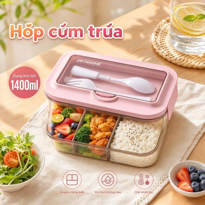 Hộp cơm trưa hộp bento hộp giữ nhiệt 3 ngăn không chứa BPA an toàn dùng lò vi sóng ngăn đông phù hợp với máy rửa bát kèm nĩa muỗng dung tích 1400Ml phù hợp với nhân viên văn phòng học sinh sinh viên kích thước 20 1 14 5 6 5 cm tiện lợi