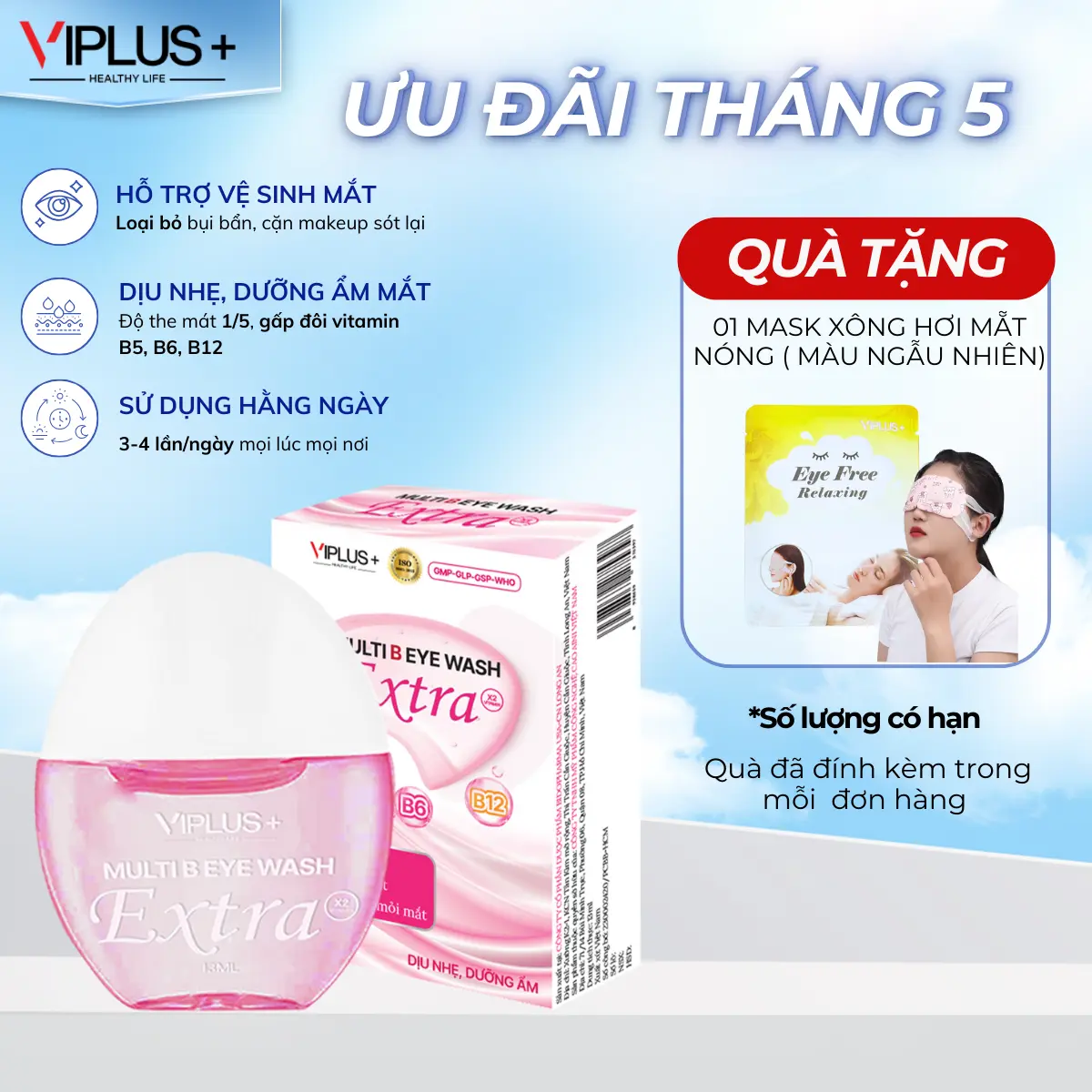 Nước Rửa Mắt Travel Size VIPLUS+ 13ml - Multi B Eye Wash Extra Hỗ Trợ Làm Sạch Mắt, Cấp Ẩm Lens