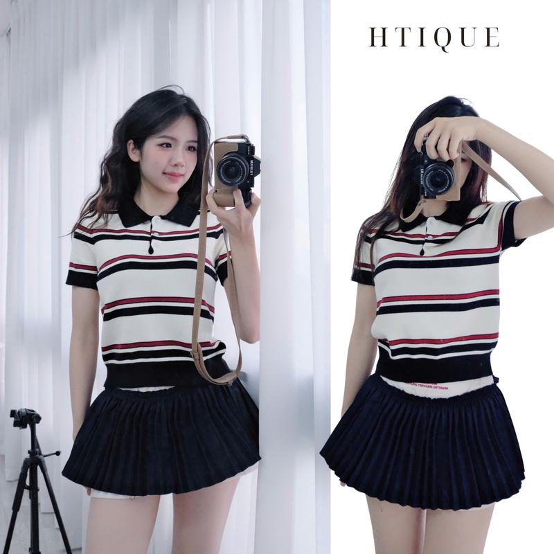 BST hè HTIQUE DEAL mở bán Áo len Polo họa tiết kẻ ngang đen-đỏ Áo len dệt kim nhẹ nhàng HT22