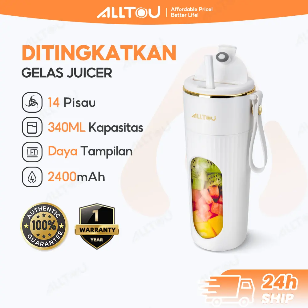 ALLTOU Blender Portable Mini 14 Pisau Juicer 450mL Rechargeable Jus Blender 2400mAh Mixer Baterai Kabel Merah
