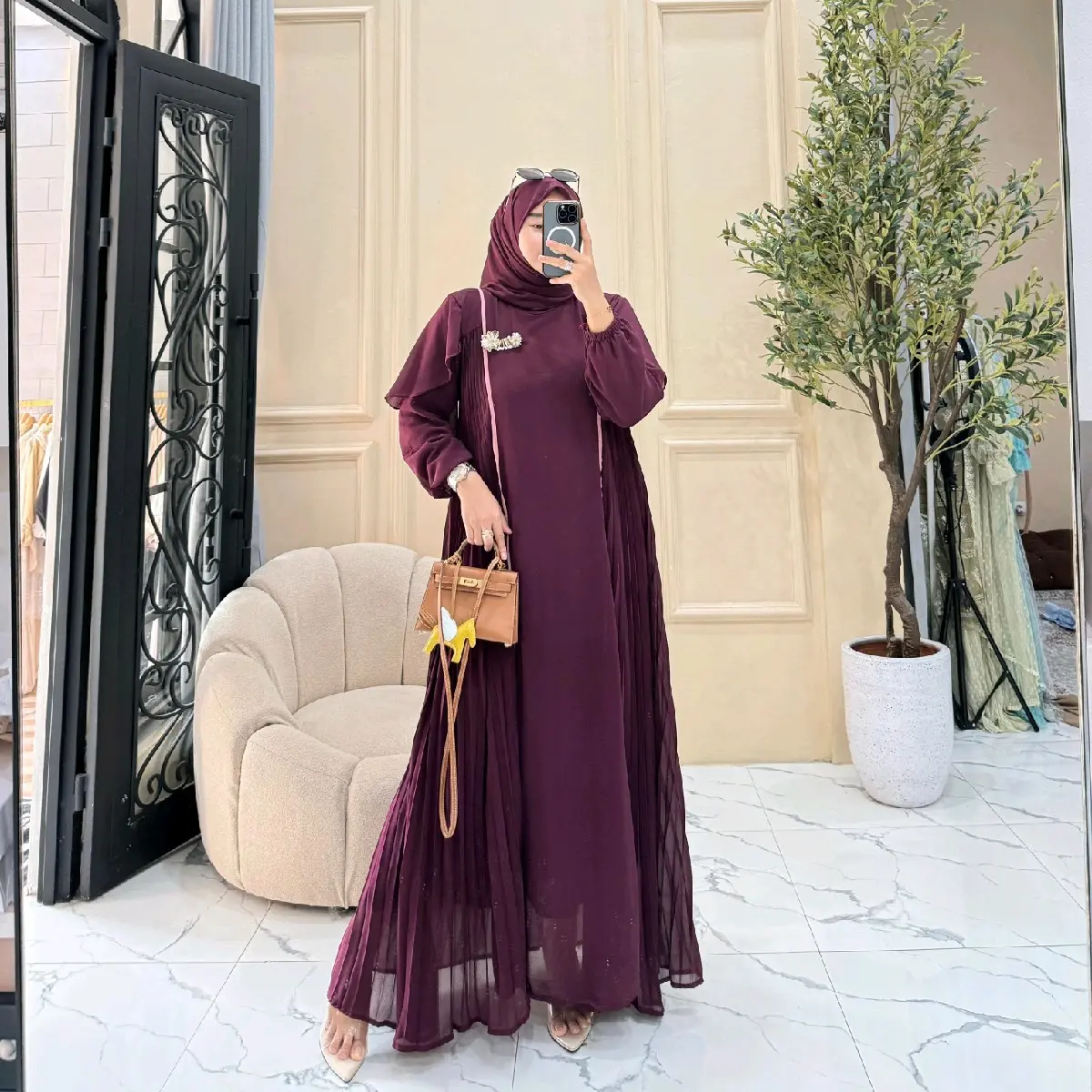 Gamis Set Hijab Wanita Bahan Ceruty Furing Pleats Nonbusui Friendly Muslim Variasi 6 Warna Dress Panjang Syari Dewasa Remaja Kondangan Mewah