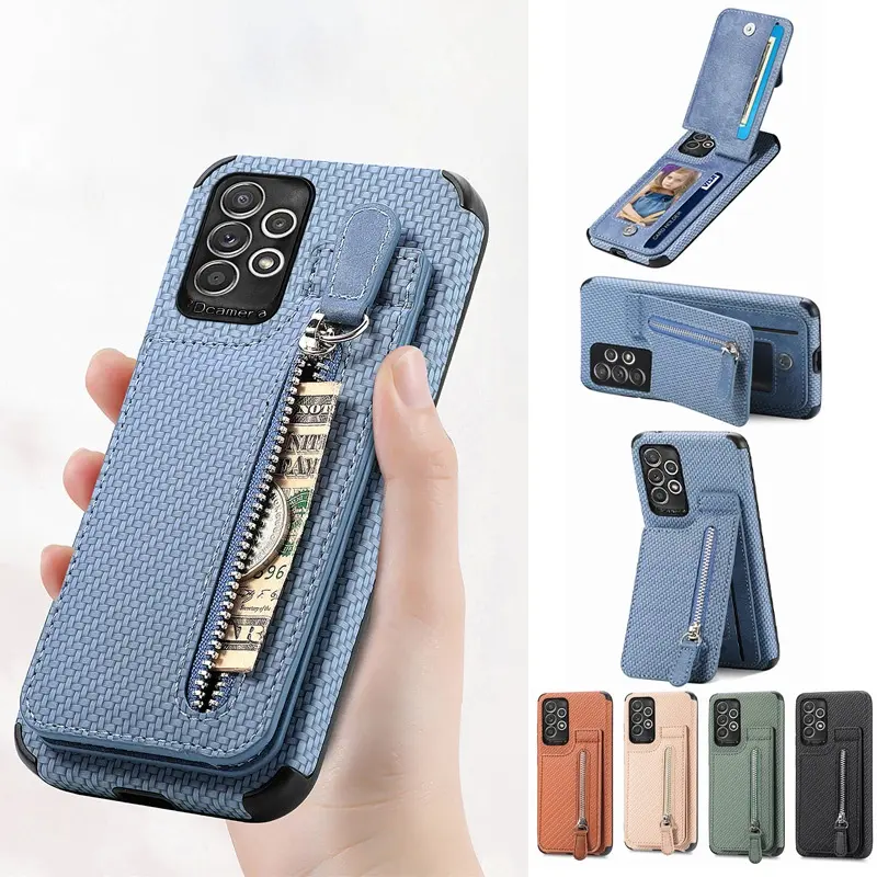 Flip Case for Samsung Galaxy A13 A73 A53 A54 A34 A02s A03s A52 A52s A72 4G 5G Fiber Leather Card Holder Pocket Anti-drop Zipper Wallet Cover Fashion Phone Casing