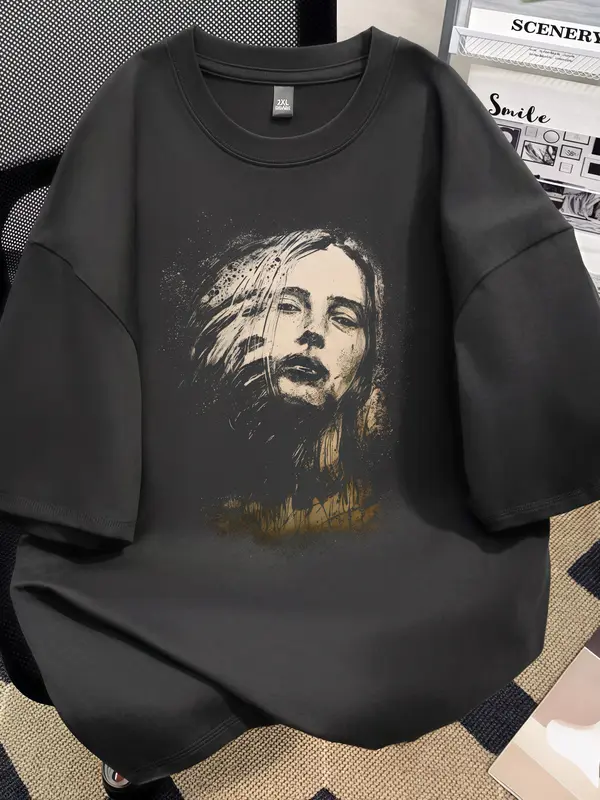 J&W 2025 T-Shirt katun untuk musim panas | Vintage/Cetakan Potret | Kemeja Oval Lengan Pendek | Gaya Gelap High Street | Atasan Longgar | Kemeja Fashion Anak Perempuan | Kaos Bergaya Korea | baju lebar | baju lucu / Panjang Fit Santai Lembut Nyaman 6