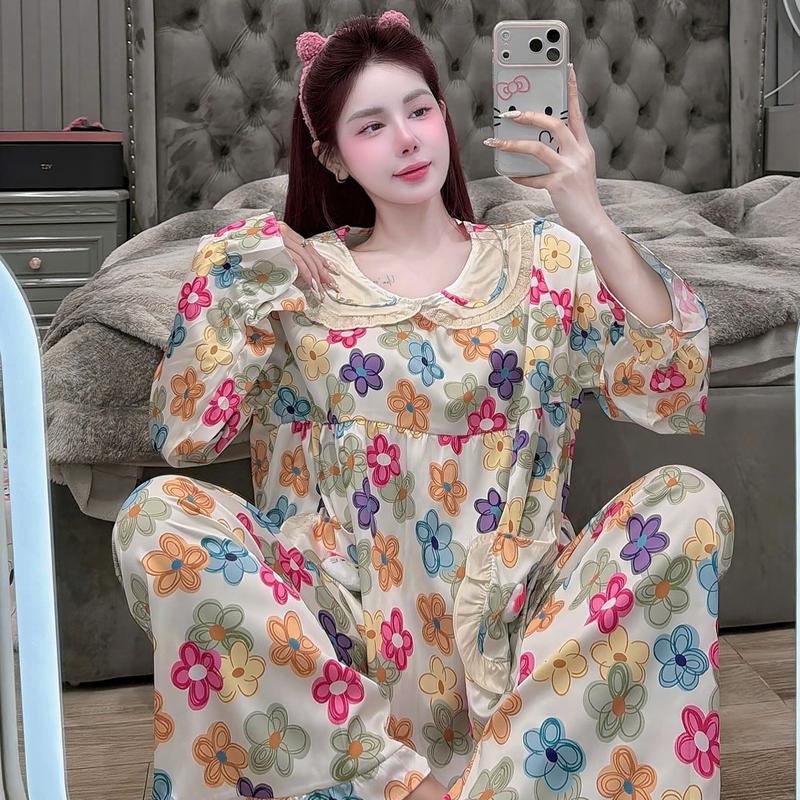 Size 40-60kg- Bộ Lụa Latin Tơ Tằm Babydoll Cao Cấp Cổ Sen Túi Thỏ Tiểu Thư 2 Túi Áo Queen Tay Dài Quần Dài TDQD Mềm Mát Mặc Nhà Cao Cấp Pijama Mặc Nhà Women Quần Ngủ Áo Ngủ