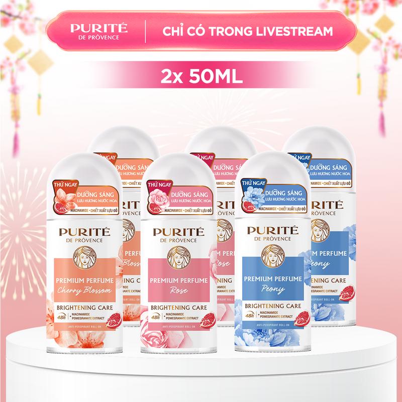 Combo 2 Lăn Khử Mùi Dưỡng Sáng Hương Nước Hoa Cao Cấp Purité Hương Hoa Anh Đào Hoa Hồng Mẫu Đơn 50MLx2