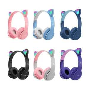 P47M Headphone Bluetooth Gaming Cat Ears Wireless RGB LED Light Super Bass Stereo Headset Bando