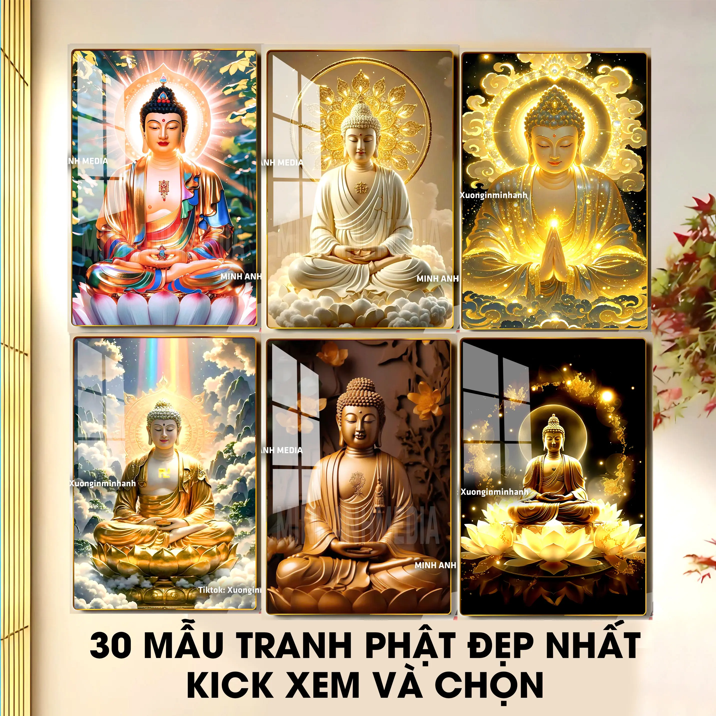 [BST PHẬT A DI ĐÀ] - Tranh gỗ tráng gương dày 13mm - Bo viền vàng cao cấp - Treo tường phòng thờ, mang lại may mắn bình an hạnh phúc Decor Phòng - MINH ANH MEDIA