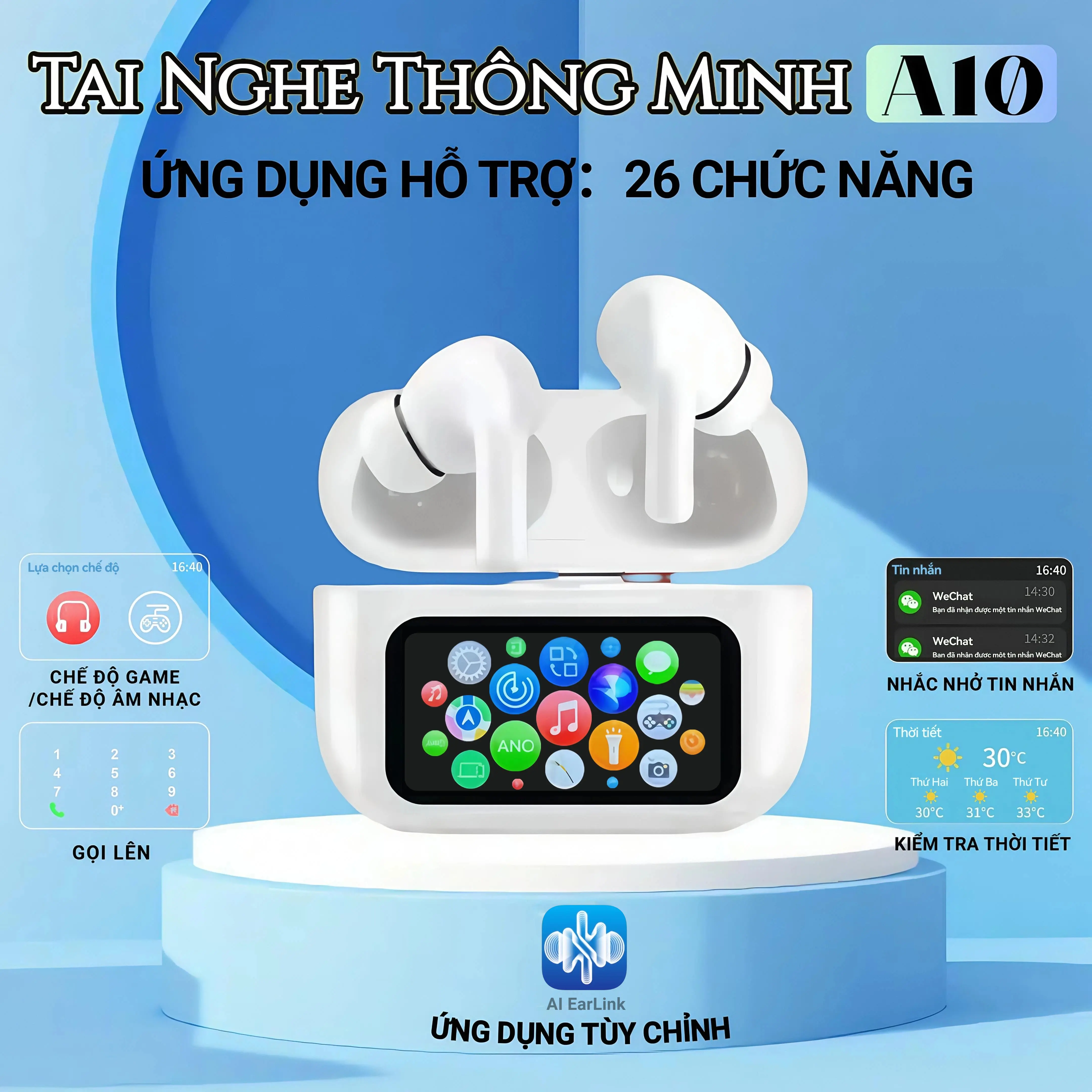Tai Nghe Thông Minh A10 PRO Kết Nối App Với 26 Chức Năng , Màn hình cảm ứng màu LED, Tùy chỉnh hình nền,Chơi trò chơi, Đồng bộ hóa tin nhắn, Chống nước IPX6, Thiết kế tùy chỉnh EQ, Tên Bluetooth tùy chỉnh, Giảm tiếng ồn ANC/ENC