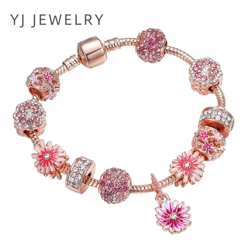 YJ-Garden Series Rose Gold Bracelet Pink Daisy Beaded Elegant Bracelet