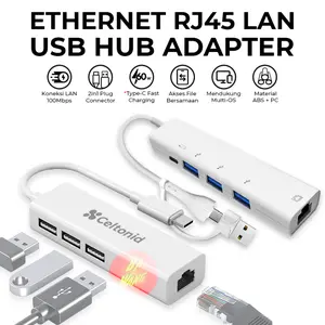 CELTONID OTG  HUB Type C 3.1 USB A Type C Type-C 3 Port Lan Ethernet RJ45 Adapter Adaptor Charger 60W