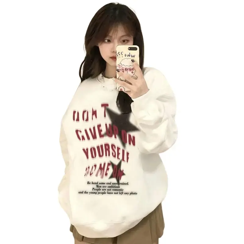 SAPAPA - Sweater Wanita Oversize Give Up Fit Fleece Putih Crewneck Atasan Sweatshirt Basic Oblong