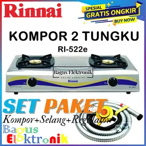 Kompor Rinnai RI-522E+Selang Gas+Regulator Meter Kompor Gas 2 Tungku Stainless Steel