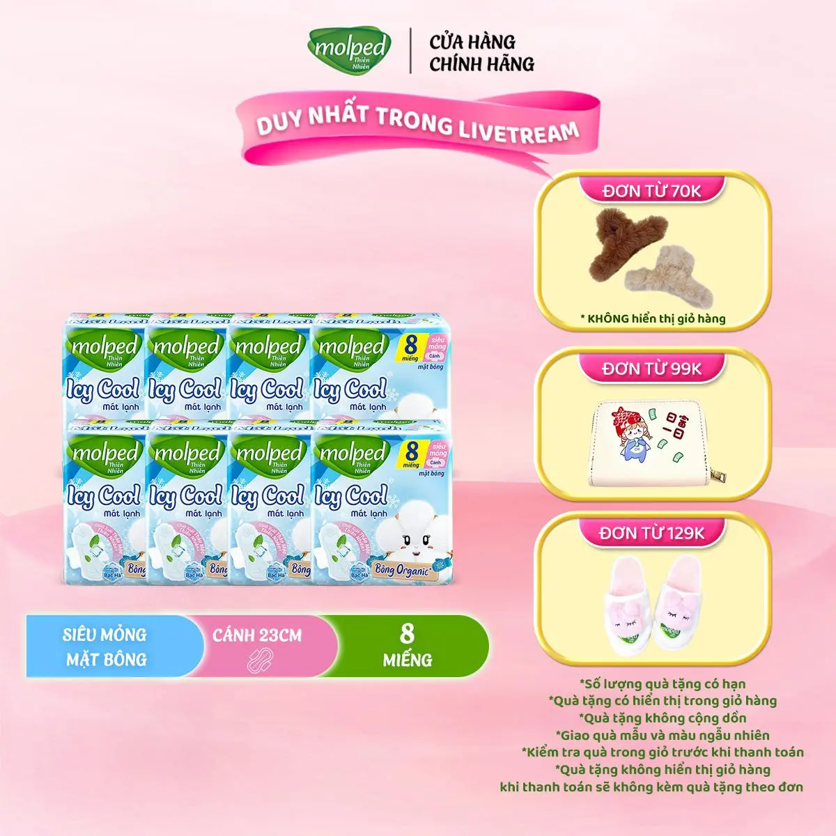 Combo 8 gói Băng vệ sinh Molped thiên nhiên Siêu bảo vệ Siêu mỏng có cánh/ Siêu mỏng không cánh/  Mát lạnh có cánh/ Mát lạnh không cánh/ Siêu ban đêm có cánh 29cm / Siêu ban đêm có cánh 35cm/ Maxi có cánh/ Maxi không cánh/  Antibac Siêu mỏng có cánh 23cm