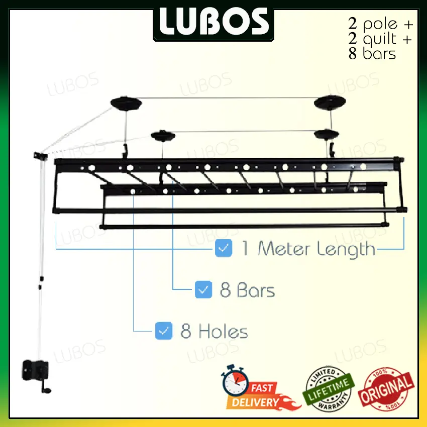 LUBOS 1 meter 12 Tiang Jemuran Lifting Laundry Baju Gantung Plafon Atap Pakaian dan Selimut Super Komplit Rack