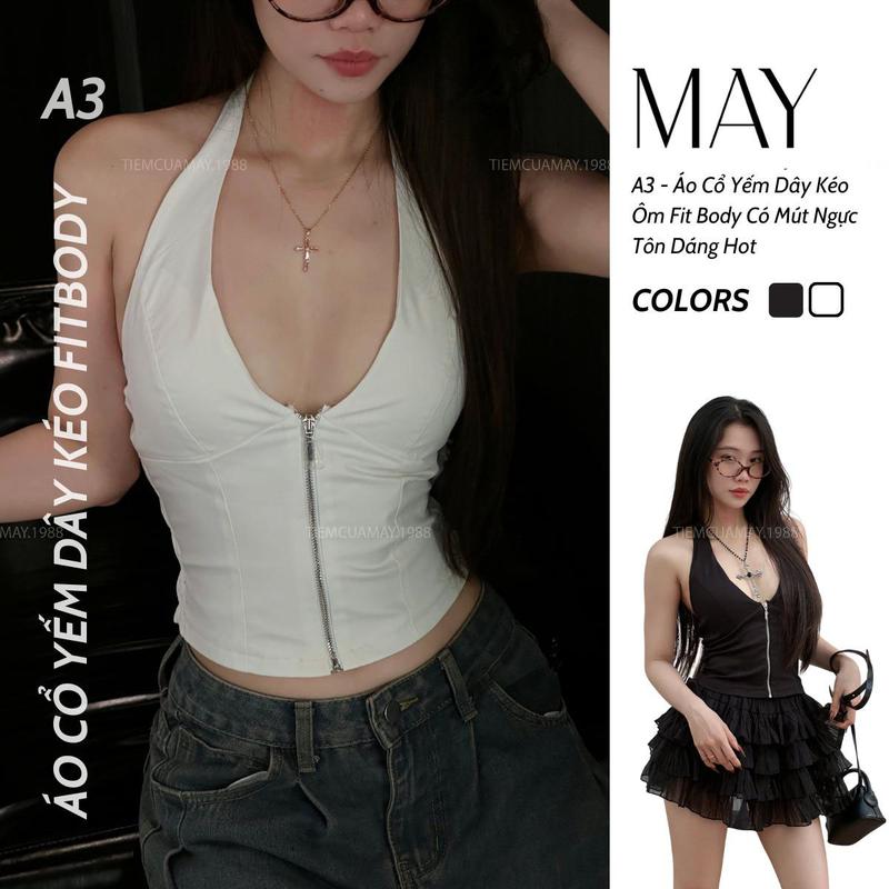 A3 - Áo Cổ Yếm Dây Kéo Ôm Fit Body Có Mút Ngực Tôn Dáng Hot