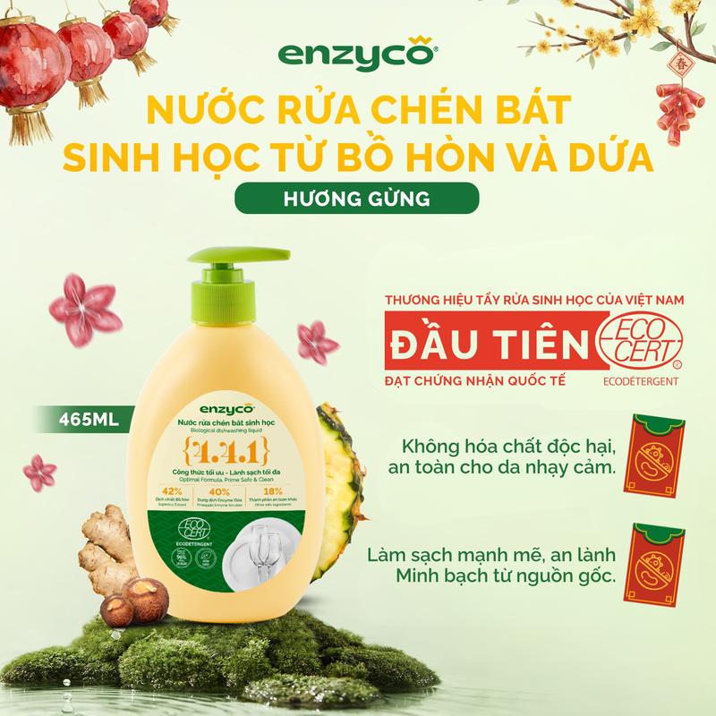 Combo 2 Nước rửa chén bát sinh học ENZYCO đạt Chứng nhận ECODETERGENT-ECOCERT từ Bồ Hòn và Dứa - Khử mùi tanh sạch dầu mỡ an toàn cho da nhạy cảm - Hương thơm từ Tinh Dầu Gừng Tinh dầu Cam Tự Nhiên 465ml - Cùng Enzyco Dọn Nhà An Toàn - Đón Tết An Lành