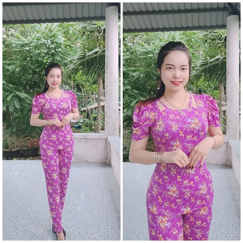 đồ bộ cổ yếm tay phồng quần dài ống nhỏ size 40-78kg Nữ Thun Áo 2