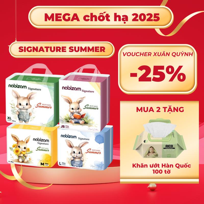 CFV - 2 BỊCH BỈM ĐÊM SUMMER Combo 2 Bịch Tã Bỉm Đêm NABIZAM Signature Summer Nội Địa Hàn Mỏng Mềm Thoáng Khí Siêu Thấm Hút Size L30 XL26 2XL22