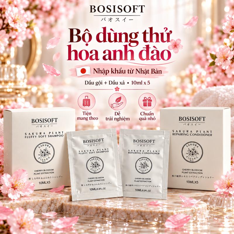 Bộ dùng thử BOSISOFT Sakura Plant 10ml – Dầu gội & dầu xả hương hoa anh đào, 1 hộp hoặc combo 2 hộp, nhập khẩu từ Nhật Bản