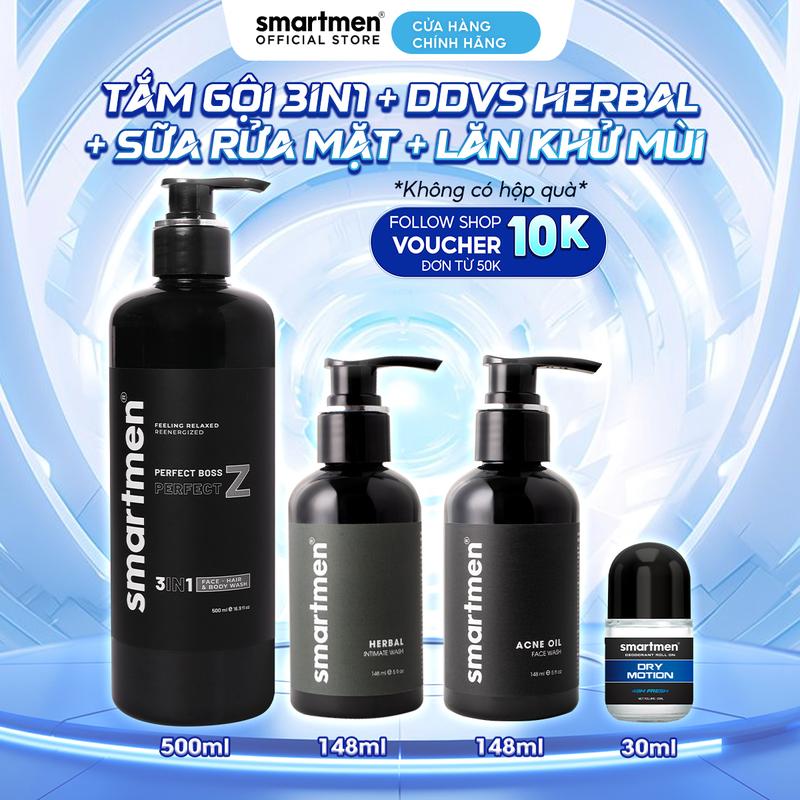 Combo Smartmen - Sữa Tắm Gội Nam 3IN1 500ml & Dung Dịch Vệ Sinh Nam Thảo Dược 148ml & Sữa Rửa Mặt Nam 148m & Lăn Khử Mùi Nam 25ml