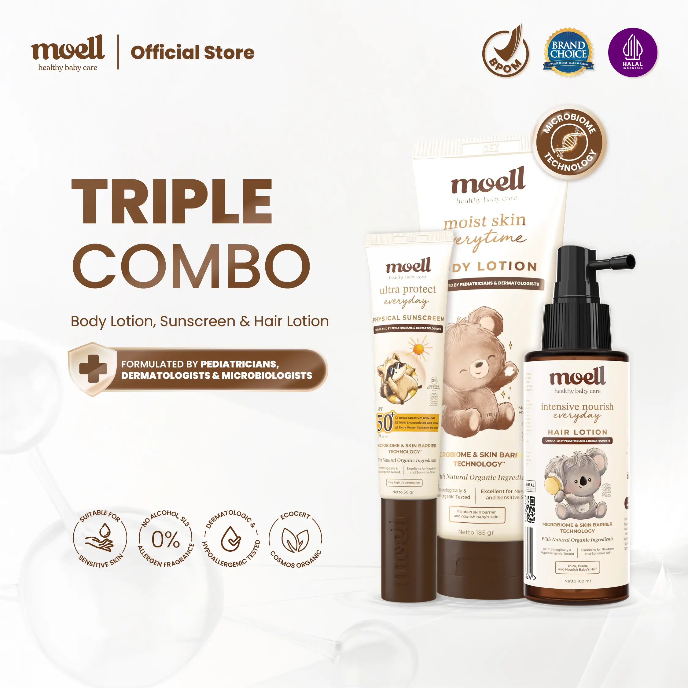 Moell Triple Combo deals! - Body Lotion 185gr & Physical Sunscreen 30gr & Hair Lotion 100gr - Skincare Anak Formulasi Dokter Dengan Microbiome Teknologi - Perkuat Skin Barrier