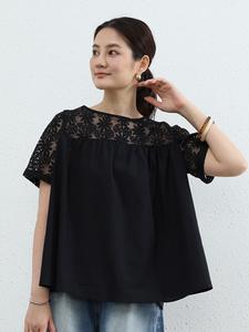 レディース 無地 レーストリム 半袖シャツ、ゆったりシルエットのパッチワークTシャツ、エレガントなバビドールトップス、オフィスウェア、カジュアルスタイル