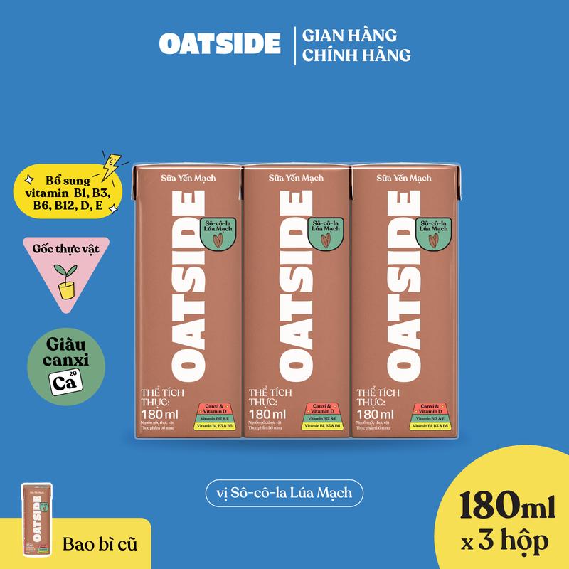 [Mua 2 Giảm 5%] Sữa yến mạch OATSIDE vị Sô-cô-la lúa mạch lốc 180ml x 3 - Không lactose, Thơm béo, Đậm đà vị sô-cô-la lúa mạch