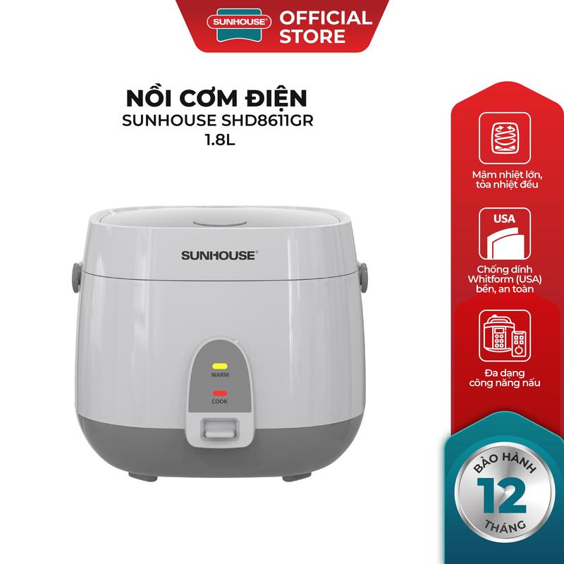  Nồi cơm điện 1.8L Sunhouse SHD8611GR - 700W có xửng hấp đi kèm - Lòng chống dính kép  Whitford - Đa công năng  0  