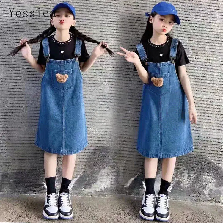 Váy Hai Dây Cho Bé Gái, Váy Yếm + Áo Thun Ngắn Tay, Váy Denim Cho Bé Gái, Bộ 2 Món 0