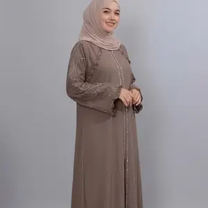 DS - Gamis Kondangan Abaya Malay Fashion Muslim Wanita Aksen Manik Manik Mix Renda Cantik dengan Warna Marun Elegan