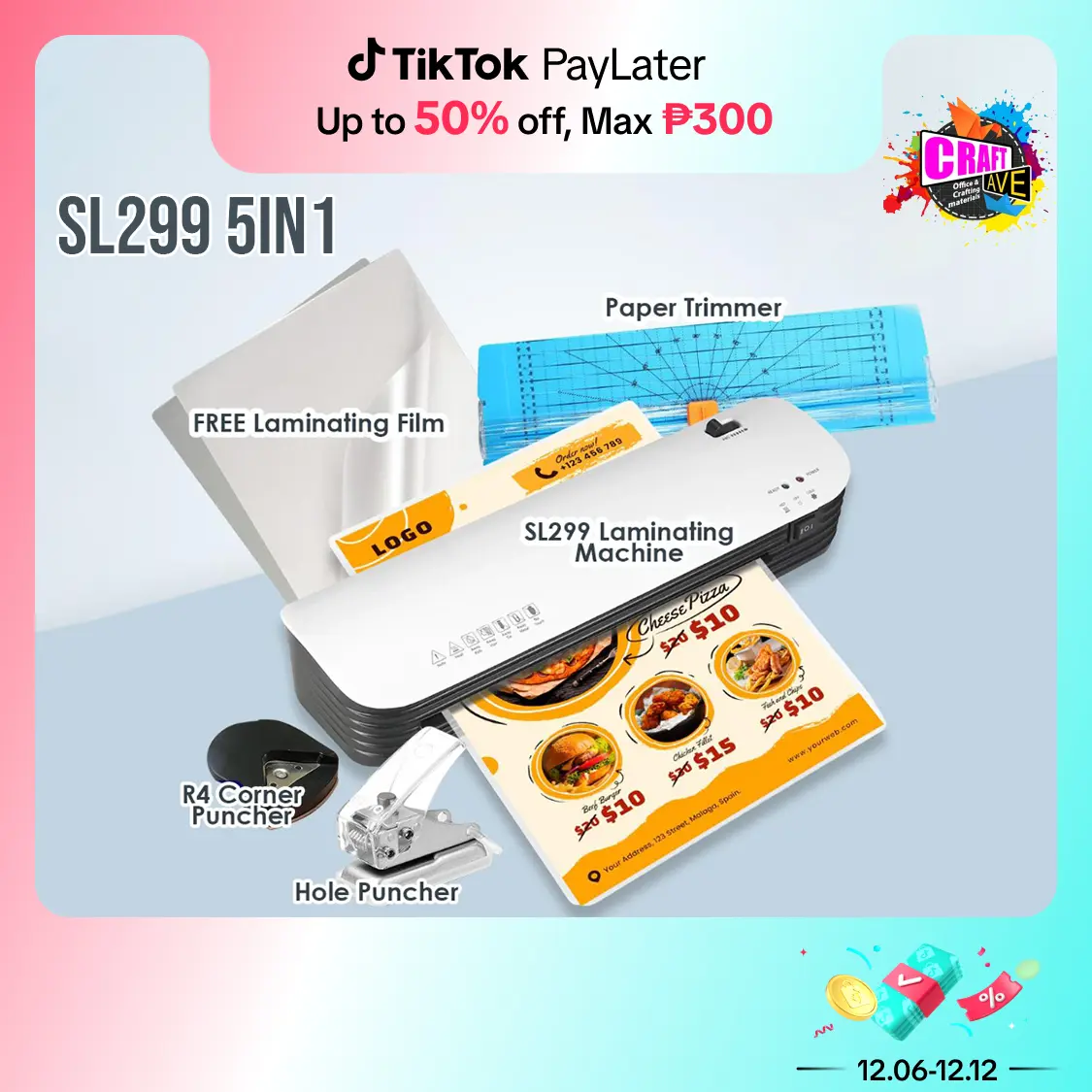 5 in 1 OFFIC0M SL299 Laminator (Hot/Cold) A4 Size with FREE Laminating Film, Puncher and Paper Trimmer