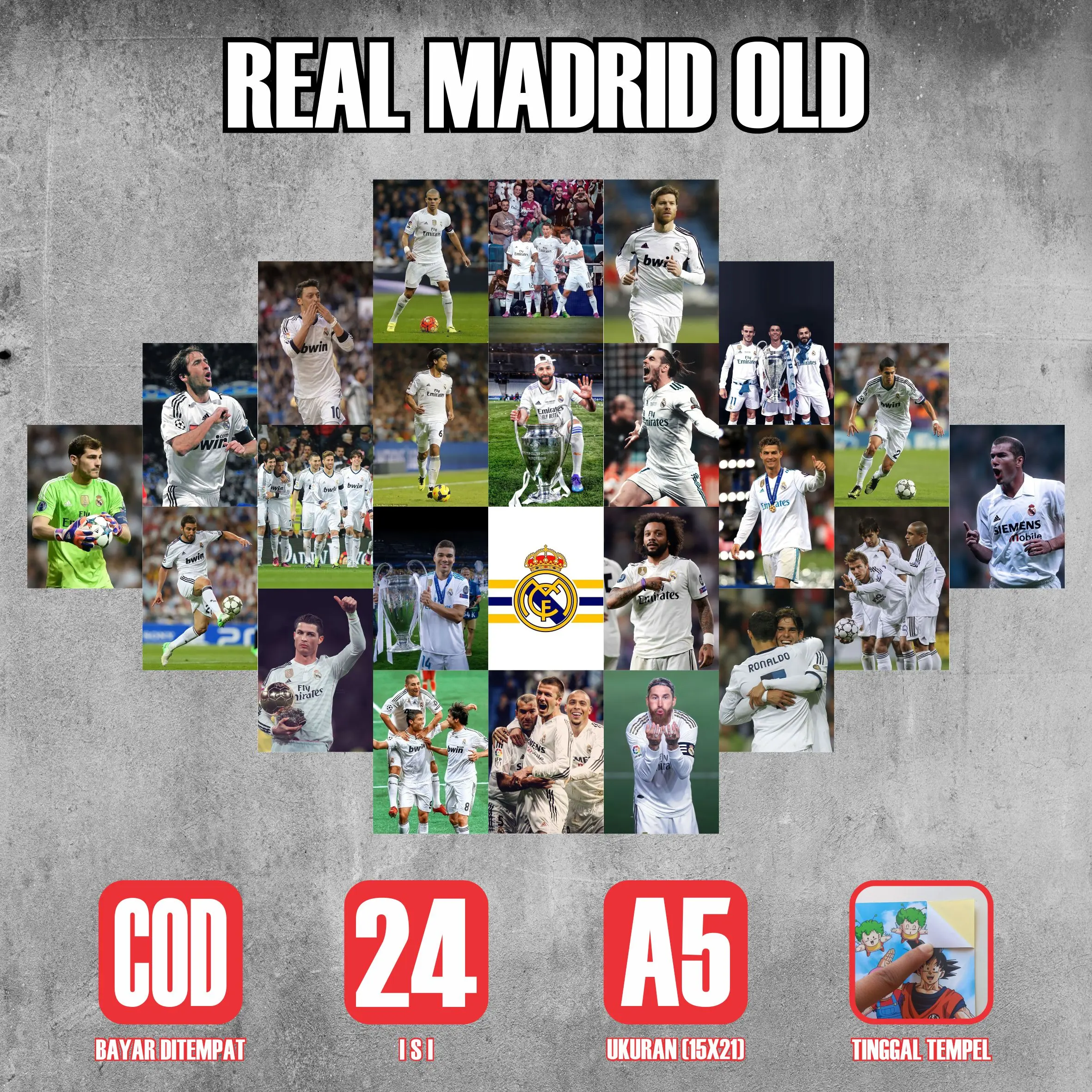 Poster Sticker Bola Real Madrid Old Series 24 Lembar A5