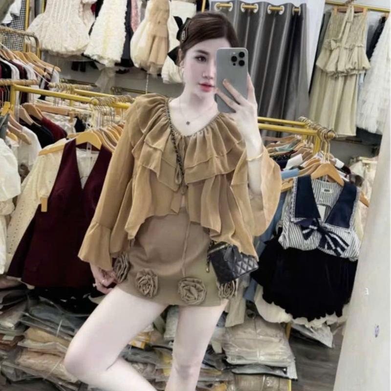 Set áo tơ viền bèo cổ V mix chân váy thô đính hoa bo chun lưng KAZYDRES_S288