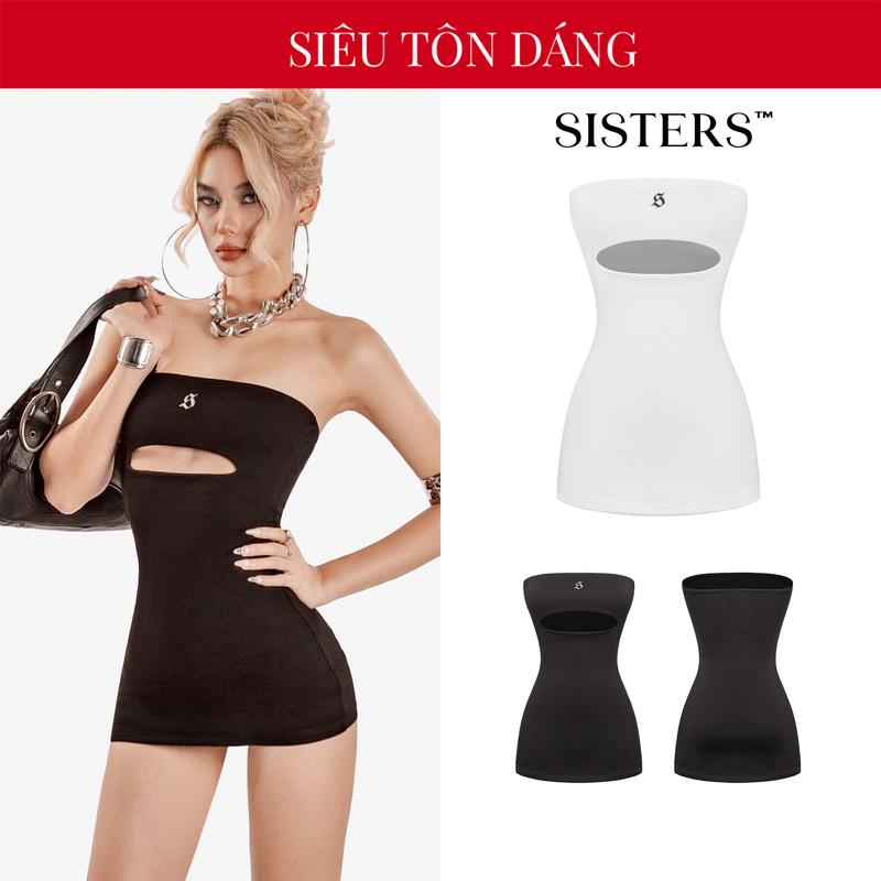 Đầm body cúp ngực khoét underbood SISTERS màu đen trắng thiết kế logo inox sang trọng siêu tôn dáng Bernadette | SS-D59
