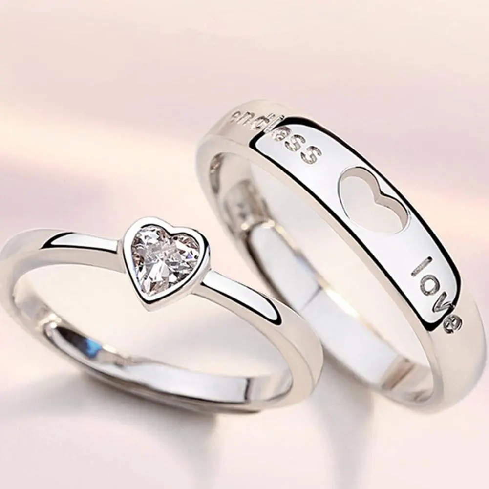 2pcs Set Promise Ring Couple Eternal Heart Couple Ring With Hollow Heart Shaped Ring For Men And Women