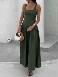 Vestido sencillo y casual de estilo vacacional con escote cuadrado y tirantes ajustados en la cintura; vestido largo liso sin mangas, entallado para mujer