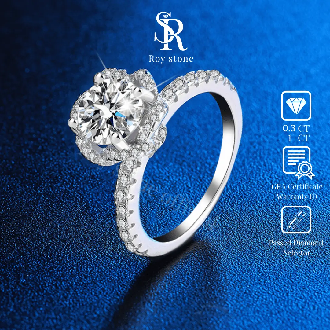 RoyStone - Cincin Moissanite Original Wanita Sertifikat GRA Perhiasan Silver Asli Lapis Emas Putih 18K Anti Karat Desain Simpel Elegan Wedding Engagement Ring Birthday Gift_ Rosella  Ring
