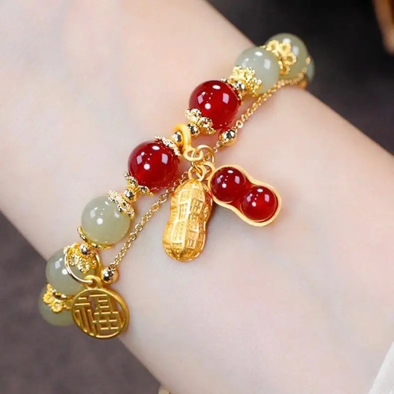 Beli 68K dapat gratis bonus (COD)gelang jewellery Gelang Giok Emas dengan Liontin Kacang Makna Keberuntungan, Trend Korea Asia