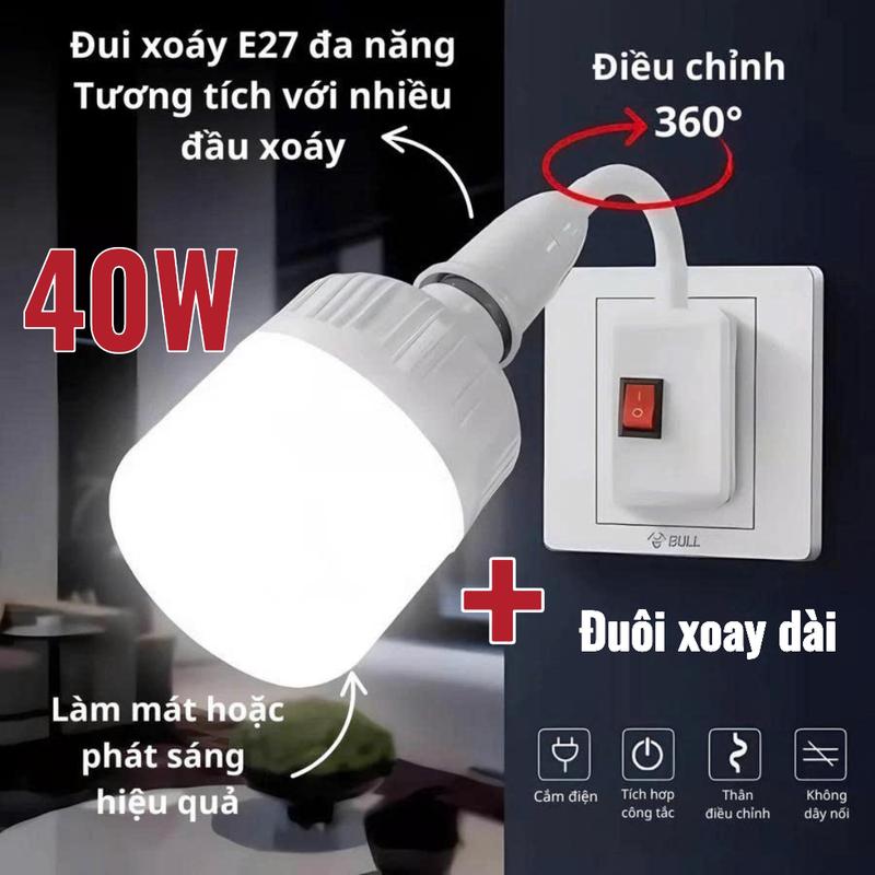 Combo bóng đèn led 40W + Đuôi đèn E27 dài xoay 360 độ tự điều chỉnh, đèn led tiết kiệm điện