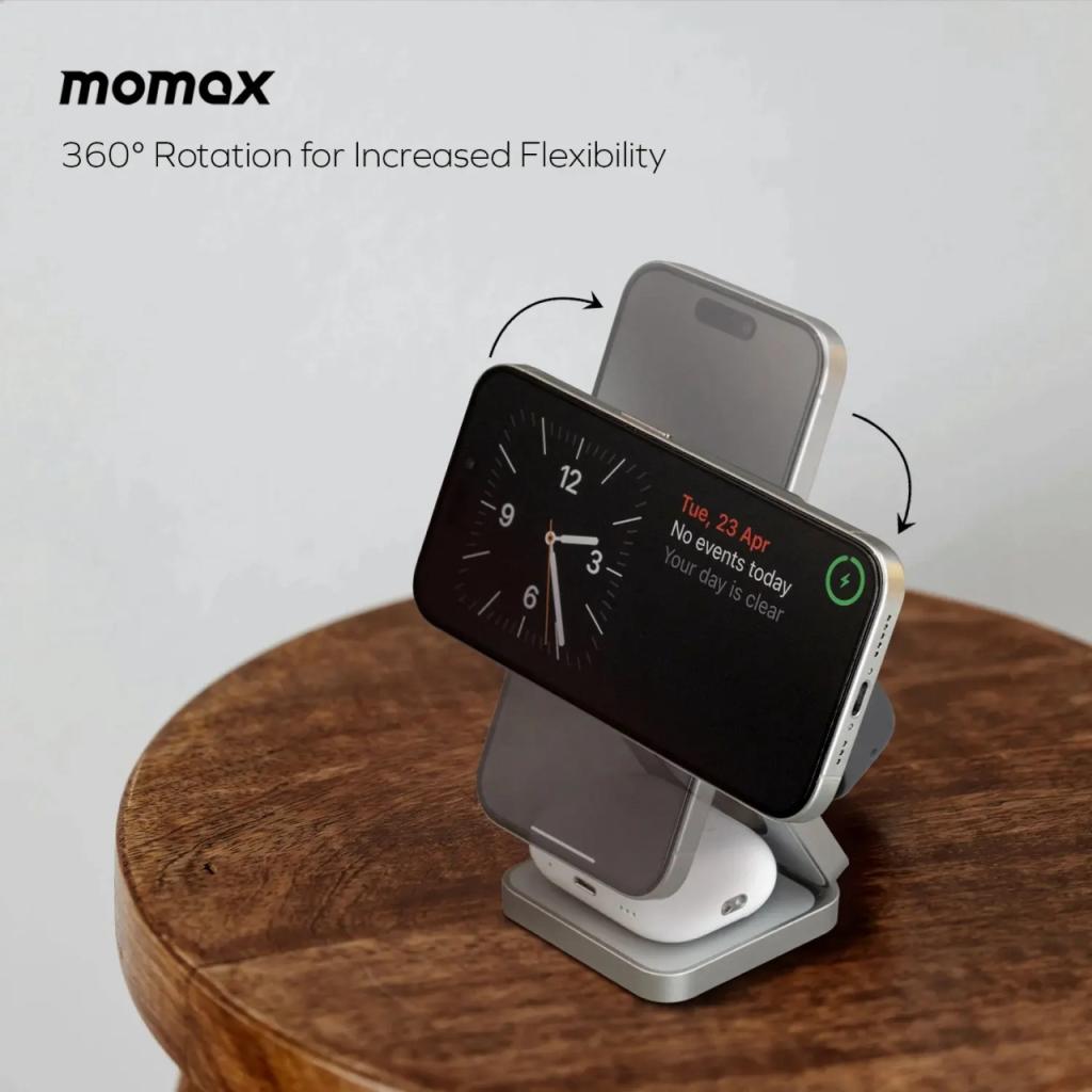 Momax Magsafe Wireless Charger Stand 3 in 1 Q.Port Qi2 1-Charge - Titanium UD36L