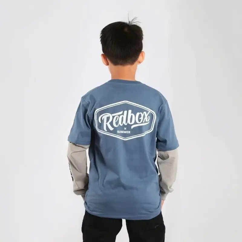 Baju Kaos Anak Remaja Lengan Panjang Remaja Tanggung Laki Laki Premium Distro Clothing Katun Combed Biru Denim REDBOX Original Fashion