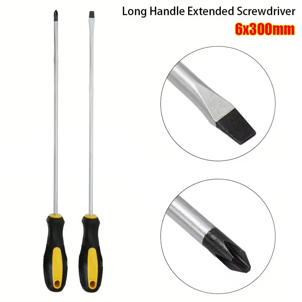 1/2Pcs Durable Slotted Cross Head Extended Screwdriver Magnetlc Multipurpose Long Handle Screwdriver 6x300mm Rubber Handle Manual Screw Driver