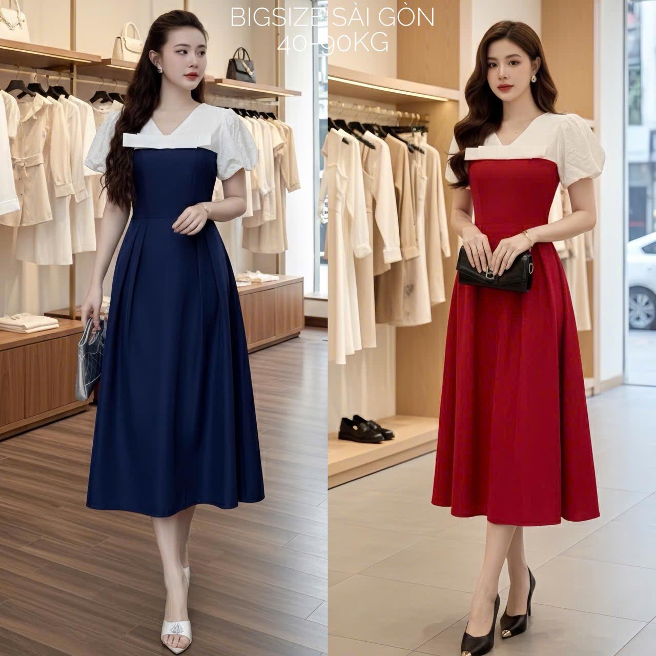 Thời Trang Bigsize Váy Dự Tiệc Phối Cổ Sơ Mi Vải Cotton Lạnh Cao Cấp Thanh lịch 40 - 95 Kg Nữ Đầm Women - B.1554