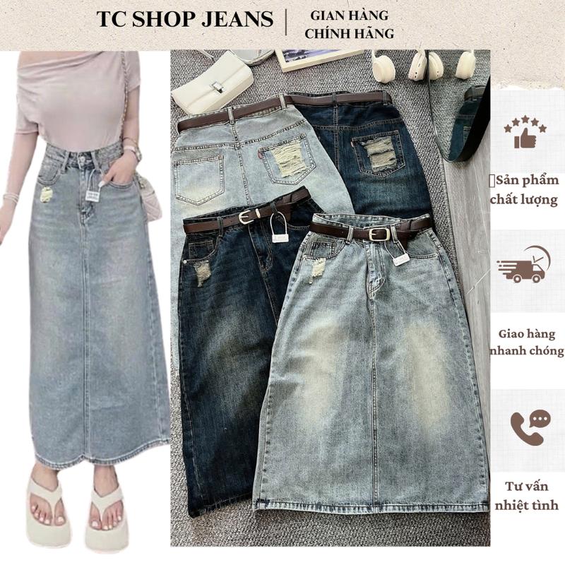 TCSHOPJEAN CHÂN VÁY JEAN DÁNG DÀI BIGSIZE XẺ TÀ SAU RÁCH NHẸ TÚI CV 431