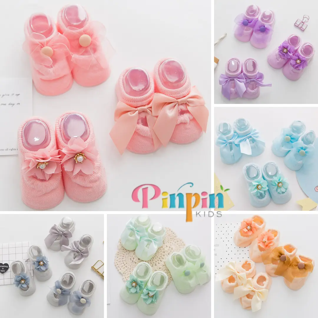 Pinpin Kids - Kaos Kaki Bayi Perempuan Newborn 0-12 Bulan Import Kualitas Premium Korea Motif 3 Jenis Bunga Pita