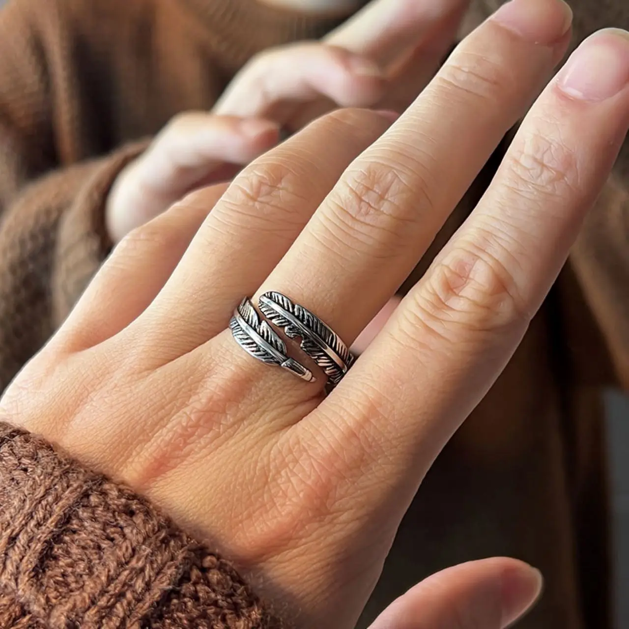 Punk Vintage Silver Feather Leaves Open Ring European Men Gothic Rock Free Ring