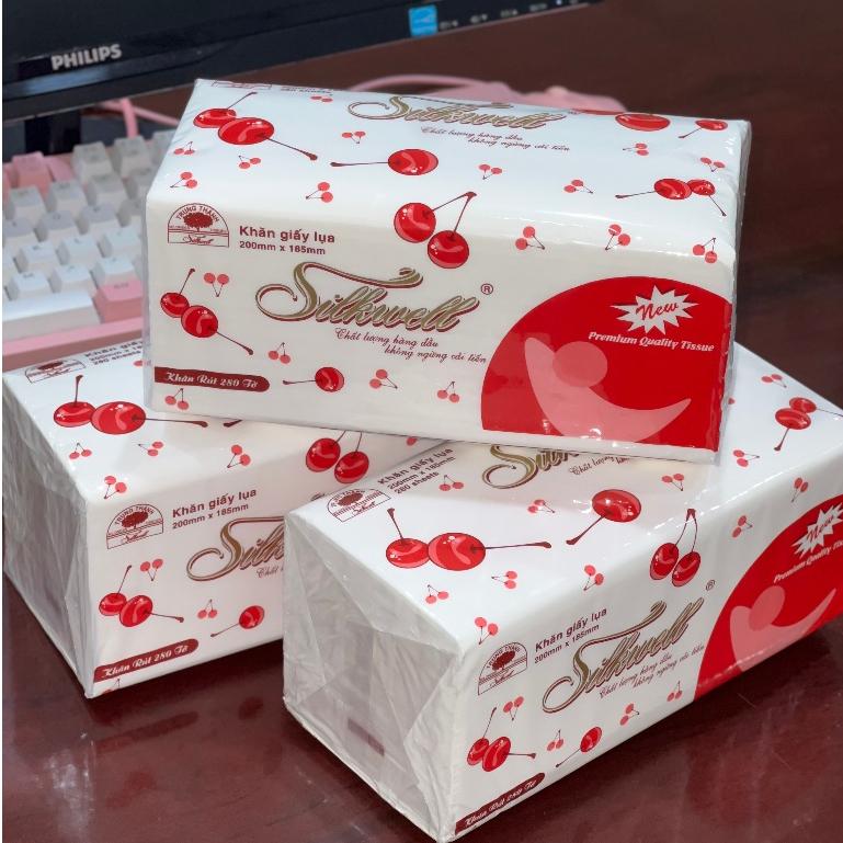 Combo 10 gói giấy rút lụa Cherry 280 tờ 2 lớp giấy ăn Silkwell cao cấp mềm mịn không tẩy trắng